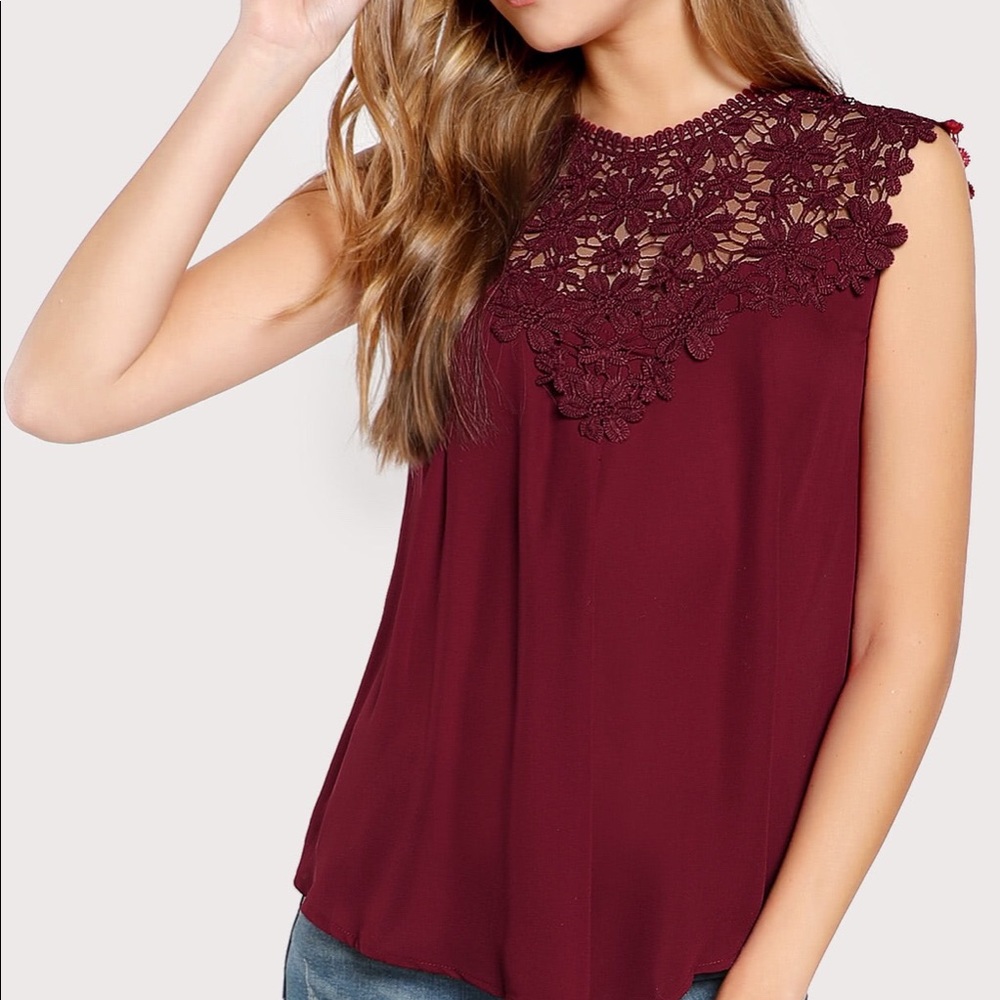 SALE! NWT Burgundy Petal Lace Shoulder Keyhole Top